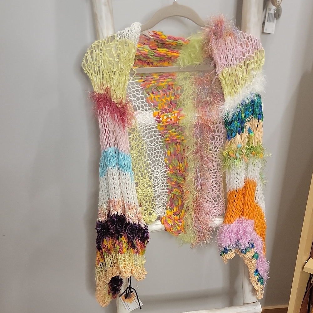 Colorful Hand Knit One Of A Kind Open Shawl/scarf